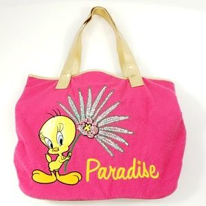 Tweety Bird Palm Trees Rhinestone Pink Gold Bag
